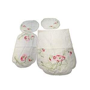 Vintage Linen Dresser Scarf & Doily Set Floral Embroidery Cottagecore Shabby